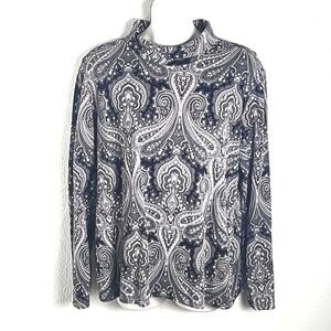 Lands' End Longsleeve Mock Turtleneck Top in Gray,Black & White Paisley, Size L